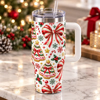 Red Ribbon Gingerbread Tree Cookie 40oz Tumbler, Candy Stripe Bow Christmas Tumbler, Holiday Candy Cane Insulated Tumbler, Xmas Present