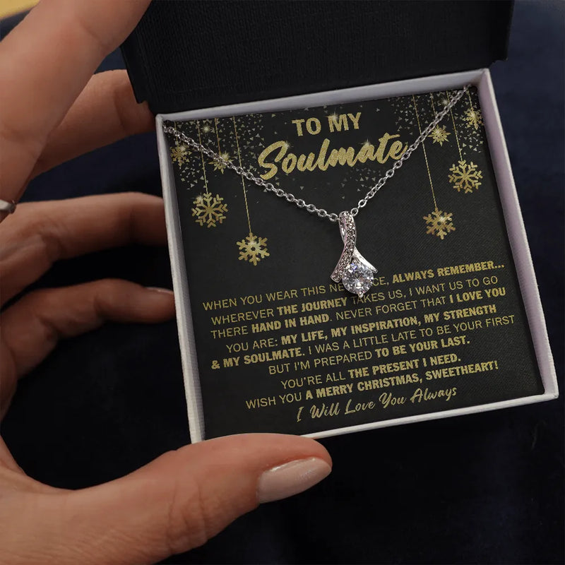 Christmas Message Card Necklace, Soulmate Ribbon Pendant Necklace, 14k White Gold Sparkle Necklace, Romantic Holiday Jewelry, Present for Her