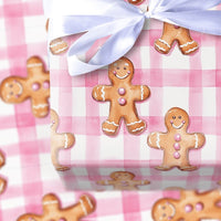 Watercolor Holiday Cookie Gift Wrap, Pink Gingham Gingerbread Man Wrapping Paper, Adorable Christmas Wrapping Paper, Sweet Present Packaging