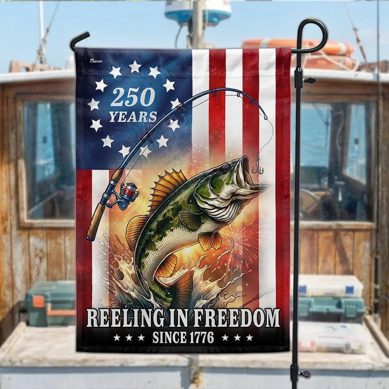 Bass Fishing Garden Flag | 250 Years Reeling in Freedom Since 1776 | Patriotic American Flag Design | Double-Sided Outdoor Decor for Fishermen
