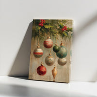 Holiday Baubles Holly Oil Painting Print, Vintage Christmas Ornaments Canvas Wall Art, Festive Winter Wall Decor, Digital Download Poster