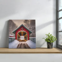 Snowy Red Barn Winter Landscape Poster, Christmas Covered Bridge Canvas Print, Holiday Wall Art, Digital Download Farmhouse Xmas Decor