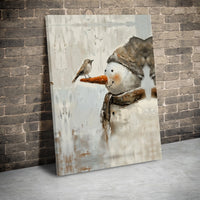 Rustic Winter Snowman Wall Art, Snowman and Bird Canvas Print, Holiday Snowman Oil Painting Canvas, Farmhouse Christmas Decor