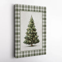Green Plaid Border Holiday Canvas Print, Rustic Christmas Tree Canvas Wall Art, Country Farmhouse Xmas Wall Decor, Winter Season Present