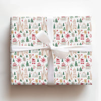 Watercolor Travel Wrapping Paper, World Landmarks Christmas Wrapping Paper, Festive Reindeer Gift Wrap, Global Winter Holiday Wrapping Paper