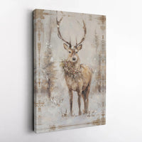 Snowy Forest Stag Wall Art, Rustic Winter Deer Digital Download, Holly Wreath Canvas Print, Farmhouse Holiday Christmas Printable Art