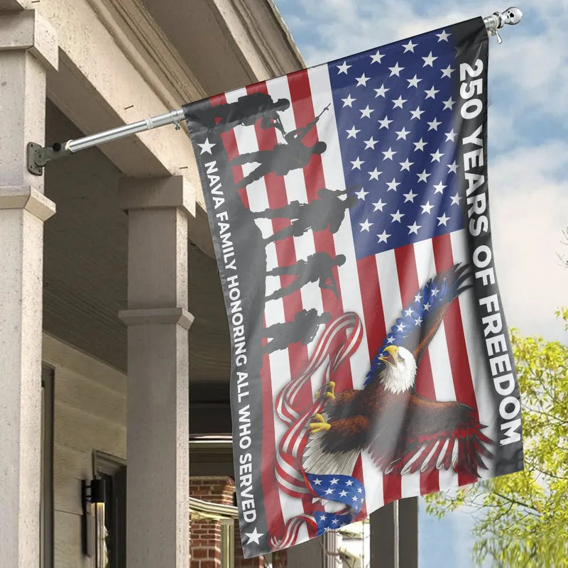 250 Years of Freedom House Flag | American Eagle & Military Silhouette Design | Premium Weather-Resistant Polyester | Patriotic Gift for Veterans