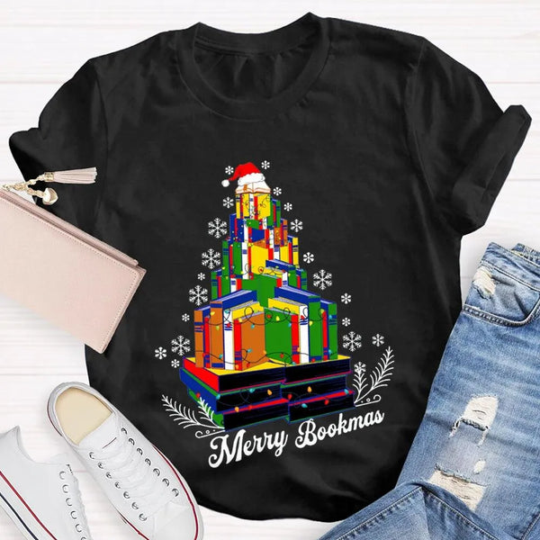 Book Lover Holiday Graphic Tee, Merry Bookmas Christmas T-Shirt, Winter Snowflakes Reading Shirt, Comfy Bookish Xmas Tee, Rea