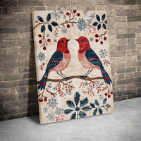 Red and Blue Bird Canvas Print, Winter Cardinal Canvas Wall Art, Rustic Holiday Bird Painting Canvas, Christmas Nature Wall Decor Present