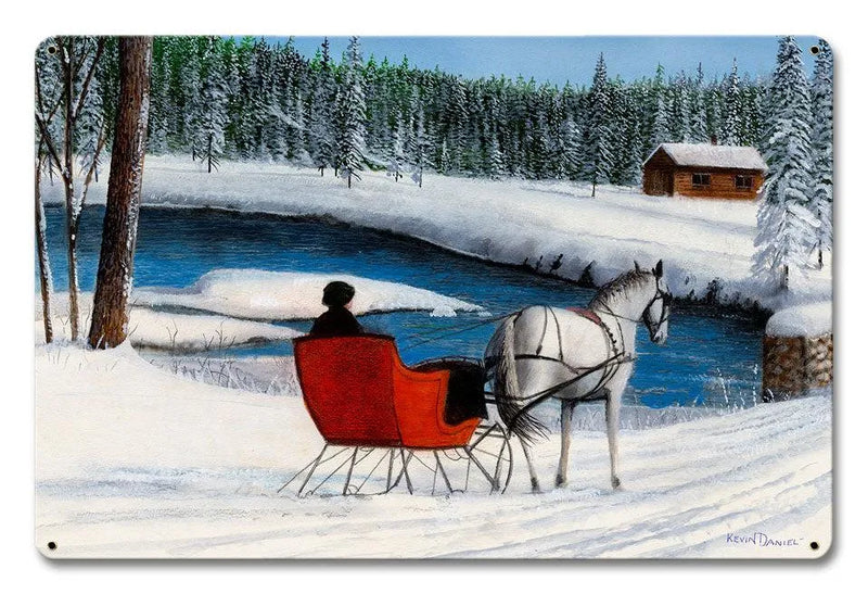 Winter Landscape Metal Sign, Sleigh Ride by the Stream Metal Sign, Vintage Sleigh Wall Art, Rustic Christmas Holiday Metal Sign, Cabin Present