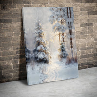 Snowy Pine Trees Landscape Painting Print, Winter Forest Canvas Wall Art, Rustic Woodland Wall Decor, Christmas Digital Download