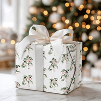 Pink Bow Holiday Gift Wrap, Watercolor Mistletoe Wrapping Paper, Botanical White Berry Wrapping Paper, Elegant Christmas Winter Gift Wrap