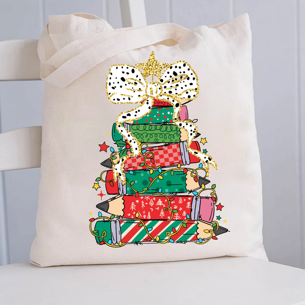 Pencil Tree Bow Canvas Tote Bag