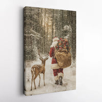 Snowy Forest Christmas Scene Print, Santa and Reindeer Canvas Wall Art, Festive Holiday Farmhouse Decor, Winter Night Santa Canvas Art