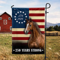 Patriotic Horse Garden Flag 250 Years Strong | Betsy Ross 1776-2026 Design | Double-Sided UV-Resistant Polyester | Americana Farm Decor