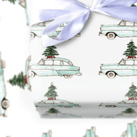 Retro Blue Car Holiday Wrapping Paper, Vintage Station Wagon Christmas Wrapping Paper, Tree on Car Gift Wrap, Nostalgic Xmas Paper Roll