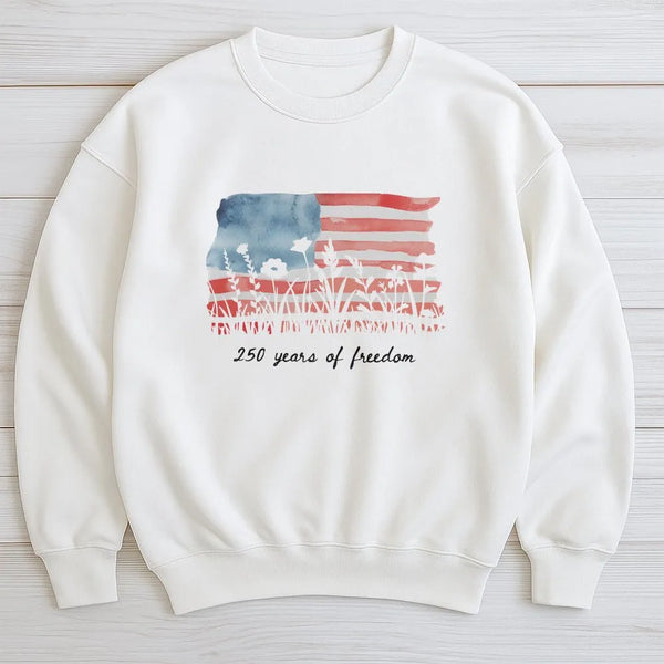 Patriotic Wildflower Sweatshirt | America 250 Years of Fredom Watercolor Flag Floral Art | Soft Cotton Blend Pullover | Gift for Patriotic Women