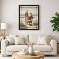 Christmas Wreath Surfer Santa Canvas Print, Surfing Santa Coastal Wall Art, Holiday Beach House Decor, Tropical Christmas Canvas Art