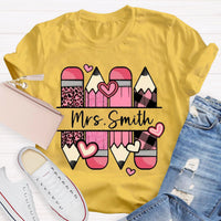 Personalized Name Pink Pencil Heart Mrs Smith T-Shirt
