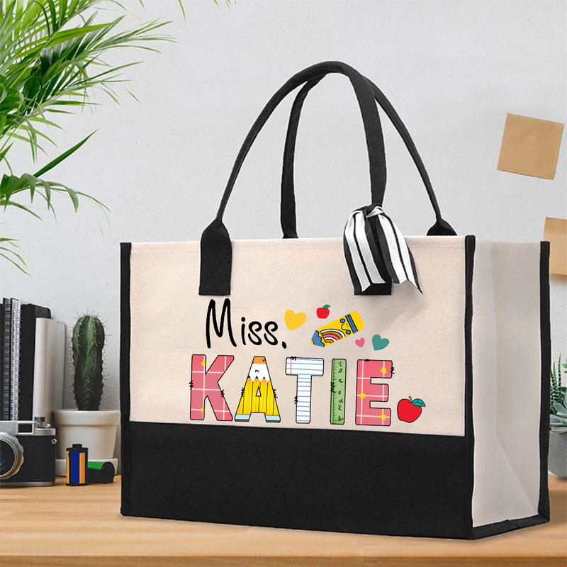 Personalized Name Apple Pencil Teacher Cotton Tote Bag