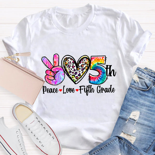 Personalized Grade Peace Love 5th Grade Teacher T-Shirt