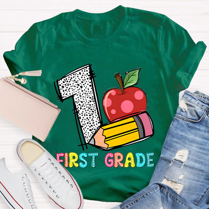 Personalized Grade Apple with First Grade Teacher T-Shirt