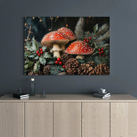 Red Amanita Holly Pine Cone Canvas Print, Christmas Mushroom Canvas Wall Art, Botanical Holiday Wall Decor, Cottagecore Winter Canvas Present