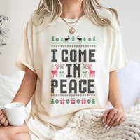 Humorous Reindeer Holiday Shirt, I Come in Peace Christmas T-Shirt, Sarcastic Ugly Xmas Tee, Retro Festive Graphic T-Shirt, Xmas Present