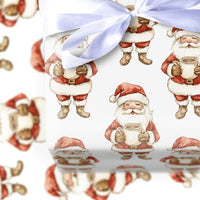 Watercolor Santa Claus Gift Wrap, Coffee Santa Christmas Wrapping Paper, Holiday Coffee Lover Wrapping Paper Roll, Festive Xmas Gift Wrap