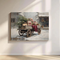Snowy Christmas Canvas Print, Vintage Christmas Wagon Wall Art, Rustic Winter Digital Download, Farmhouse Holiday Decor, Xmas Tree Art