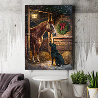 Snowy Barn Canvas Print, Horse and Black Labrador Christmas Canvas, Winter Farm Scene Wall Art, Holiday Dog Canvas Decor, Xmas Home Present