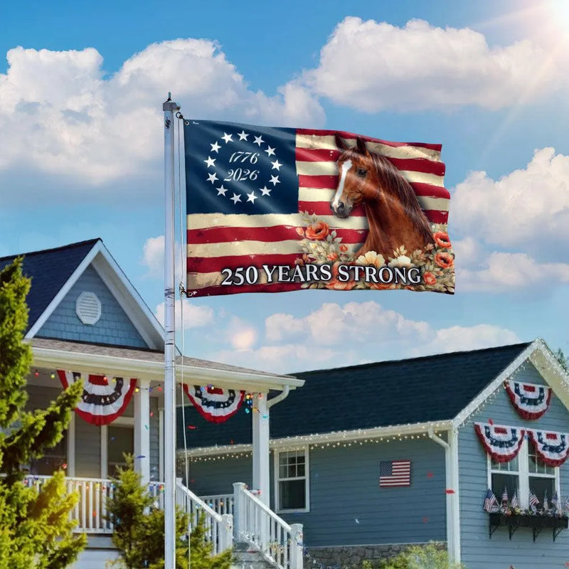 Horse American Flag House Flag | 250 Years Strong 1776-2026 | Double-Sided Polyester | Patriotic Farmhouse Decor Gift