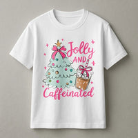 Christmas Coffee Graphic Tee, Jolly and Caffeinated Shirt, Retro Christmas Tree T-Shirt, Holiday Coffee Lover Tee, Festive Xmas Present