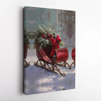 Snowy Pine Tree Wall Art, Vintage Christmas Sleigh Canvas Print, Festive Winter Holiday Poster, Digital Download Print, Christmas Decor Present