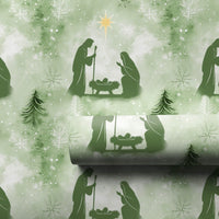 Green Christian Holiday Gift Wrap, Nativity Scene Christmas Wrapping Paper, Holy Family Manger Paper, Religious Gift Wrapping Paper Roll