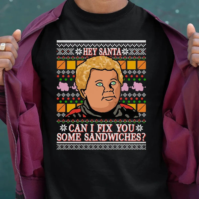 Ugly Christmas Sweater Graphic Tee, Hey Santa Can I Fix You Some Sandwiches T-Shirt, Humorous Holiday Movie Quote Shirt, Xmas Present
