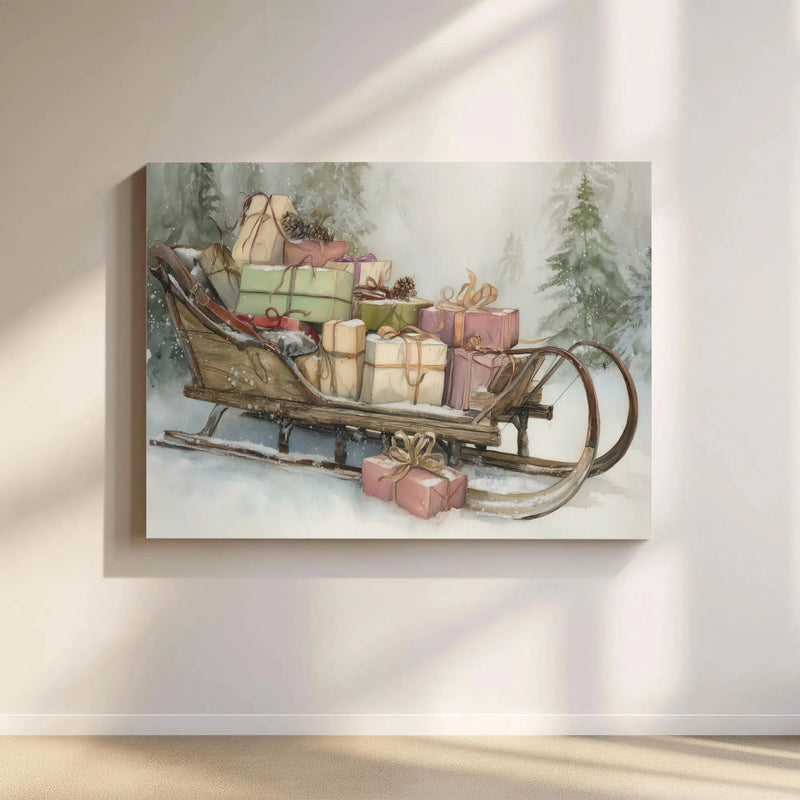 Snowy Forest Holiday Wall Art, Vintage Christmas Sleigh Canvas Print, Festive Winter Sleigh Canvas, Christmas Presents Wall Decor