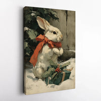 White Rabbit with Red Bow Wall Art, Vintage Christmas Bunny Canvas, Festive Holiday Woodland Canvas Print, Winter Animal Wall Decor