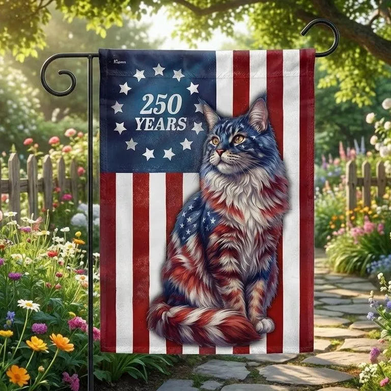 Patriotic Maine Coon Cat Garden Flag | 250 Years Betsy Ross Design | Double-Sided Polyester | Americana Home Decor Gift