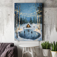 Snowy Forest Cabin Canvas Art, Winter Ice Skating Canvas, String Lights Cottage Canvas Print, Holiday Season Wall Decor, Comfy Christmas Present