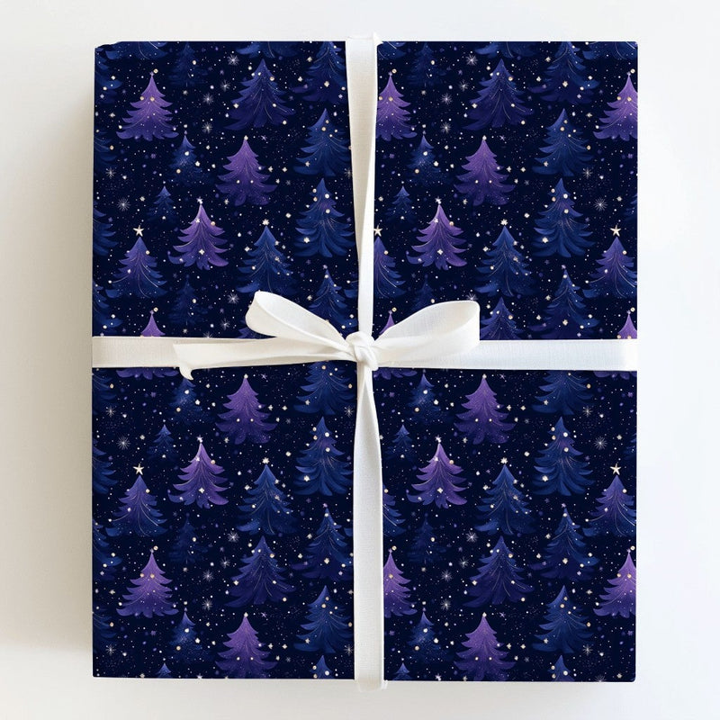 Purple Blue Tree Gift Wrap, Starry Night Forest Wrapping Paper, Celestial Christmas Wrapping Paper, Magical Winter Holiday Gift Wrap