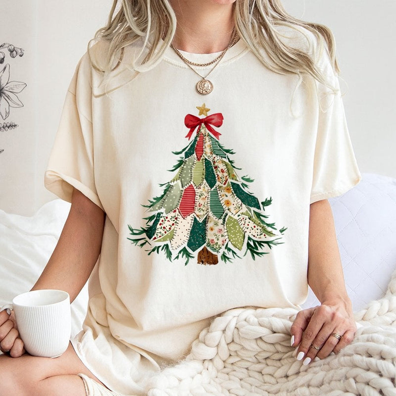 Rustic Holiday Graphic Tee, Patchwork Christmas Tree T-Shirt, Adorable Festive Xmas Tree Shirt, Vintage Winter Graphic T-Shirt Present for Her