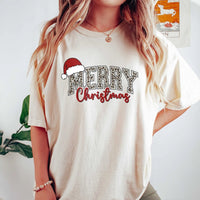 Leopard Santa Hat Holiday Graphic Tee, Merry Christmas T-Shirt, Adorable Retro Xmas Shirt, Festive Christmas Party Tee for Women Teens