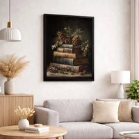 Christmas Book Still Life Canvas Art, Vintage Book Stack Wall Art, Dark Academia Holiday Wall Art Print, Holly Berry Decor, Digital Download