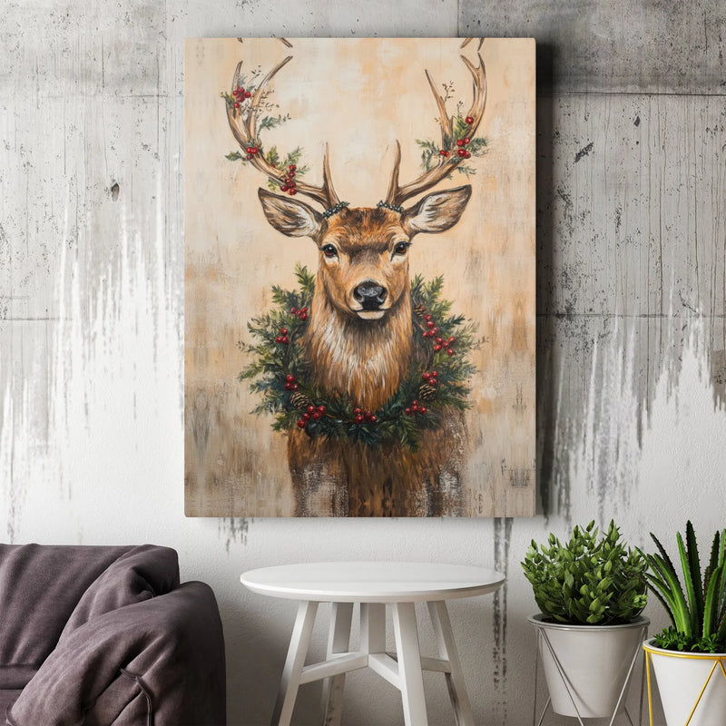 Festive Holiday Deer Canvas Print, Christmas Reindeer Canvas Wall Art, Rustic Winter Wreath Canvas Art, Farmhouse Holiday Decor Present