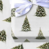 Winter Forest Holiday Gift Wrap, Snowy Christmas Tree Wrapping Paper, Snow Dusted Evergreen Tree Paper, Festive Present Wrap Roll for Presents