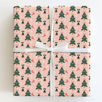 Whimsical Holiday Gift Wrap, Pink Christmas Tree Wrapping Paper, Santa Hat and Bells Xmas Wrapping Paper, Adorable Festive Gift Wrap Roll