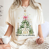 Watercolor Christmas Tree Shirt, Oh Come Let Us Adore Him T-Shirt, Coquette Bow Holiday Tee, Christian Graphic T-Shirt, Xmas Present for Women