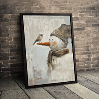 Rustic Winter Oil Painting Poster, Snowman and Bird Canvas Wall Art Print, Farmhouse Christmas Holiday Decor, Digital Download Present