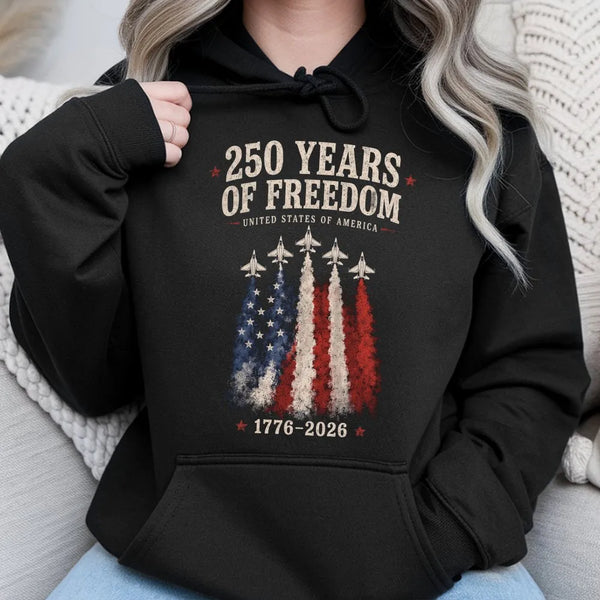 America 250 Years Hoodie | Fighter Jet American Flag 1776-2026 Design | Soft Cotton-Polyester Blend | Patriotic Gift for History Fans